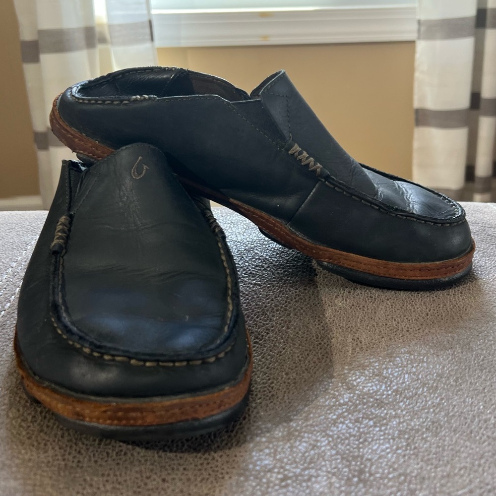 OluKai Black Leather Slip-On Loafers